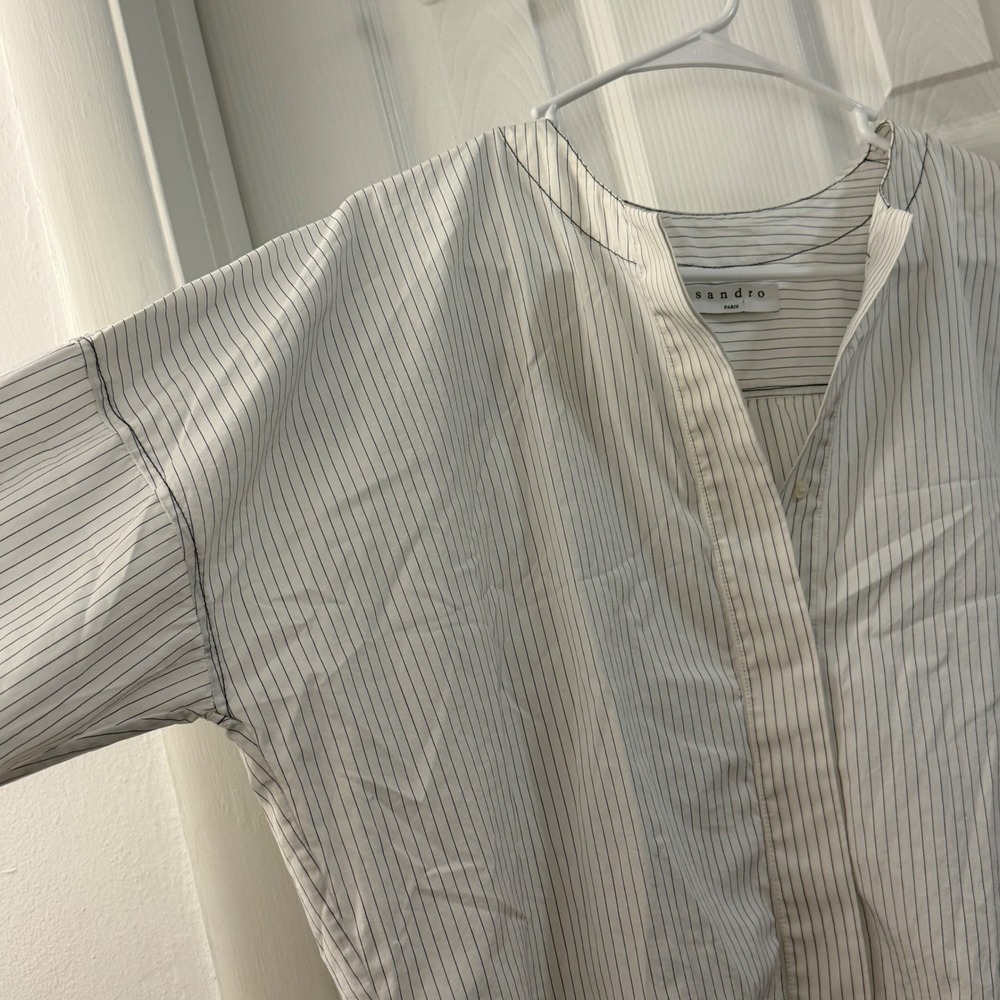 Sandro Paris Womens Blue White Pinstripe High Low Oversized‎ Cotton Shirt Blouse - Picture 9 of 9